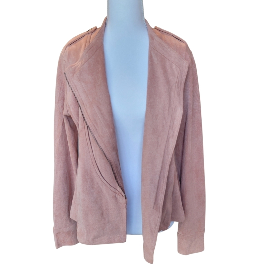 Paper Crane Pink Faux Suede Moto Style Zip Up Jacket - Picture 2 of 11